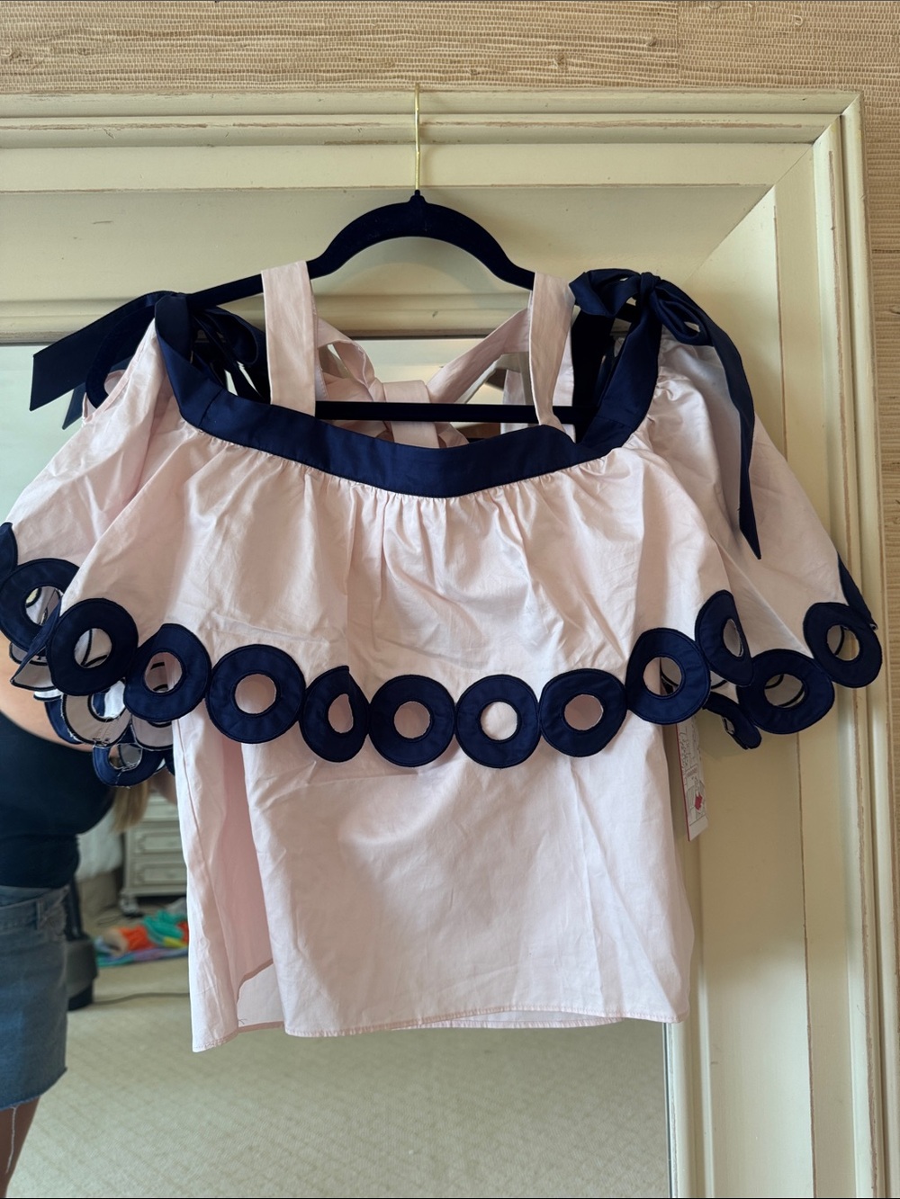 Parker Pink Off-Shoulder Top with Navy Eyelet Trim
